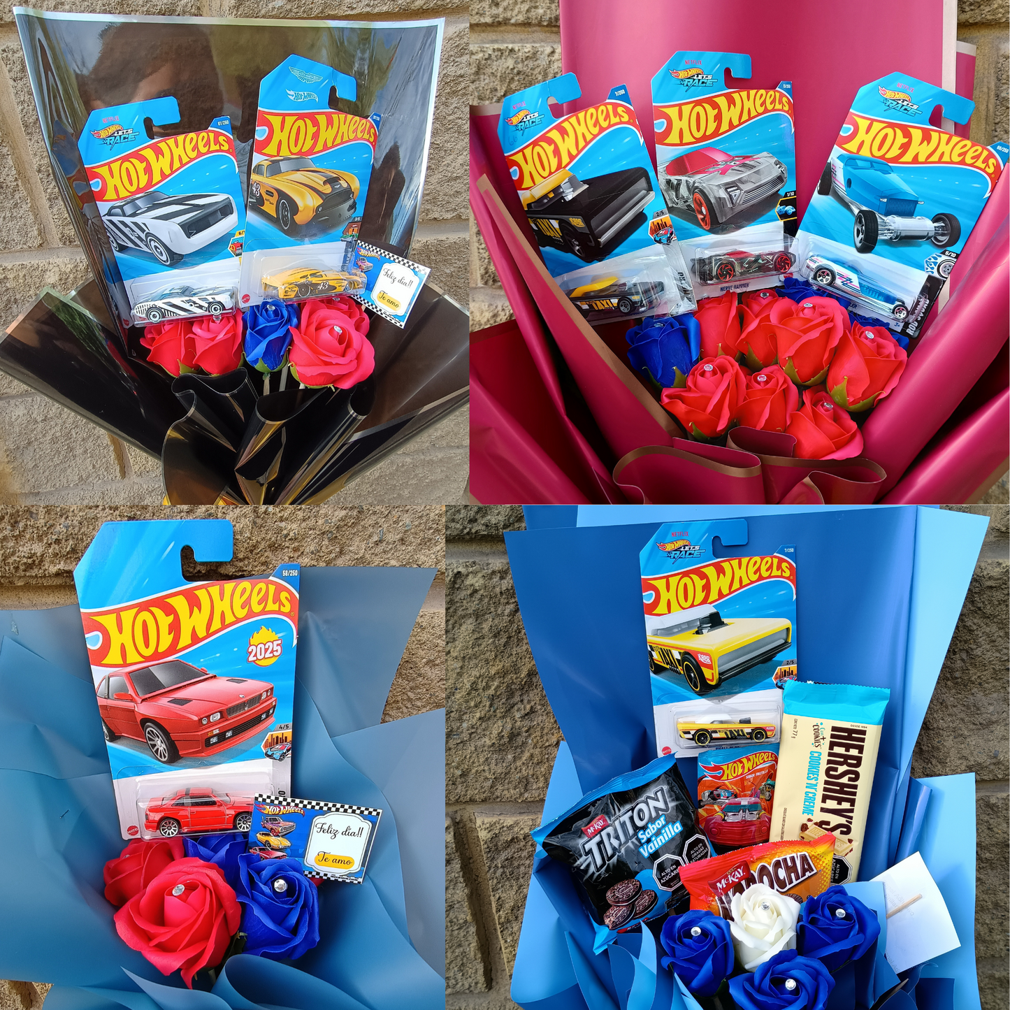 Ramo de 2 autos hot wheels y 5 rosas eternas