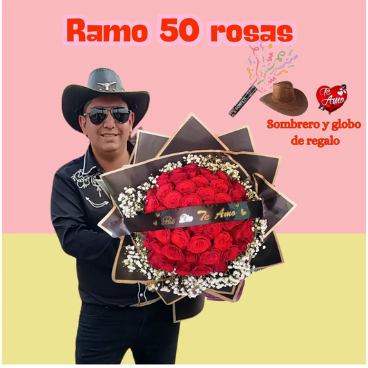 Flores el patrón + ramo buchón de 50 rosas!