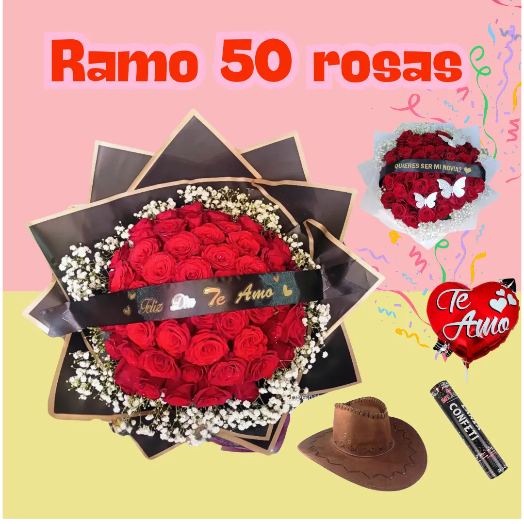 Flores el patrón + ramo buchón de 50 rosas!