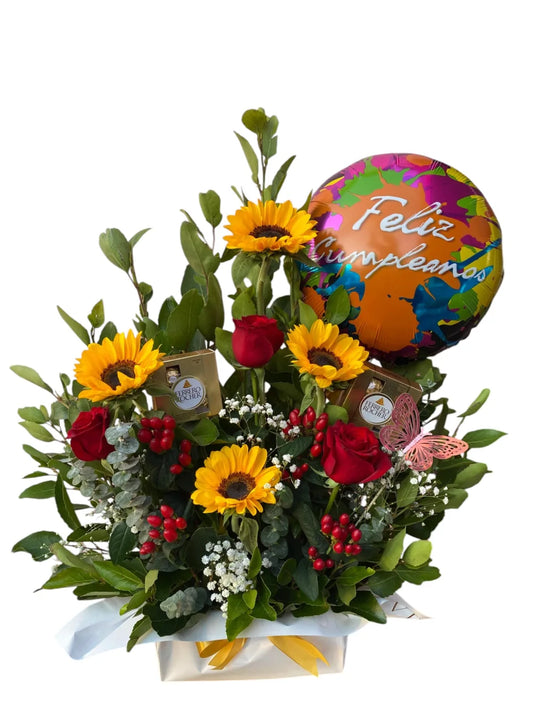 Arreglo floral rosas y girasoles + chocolate ferrero