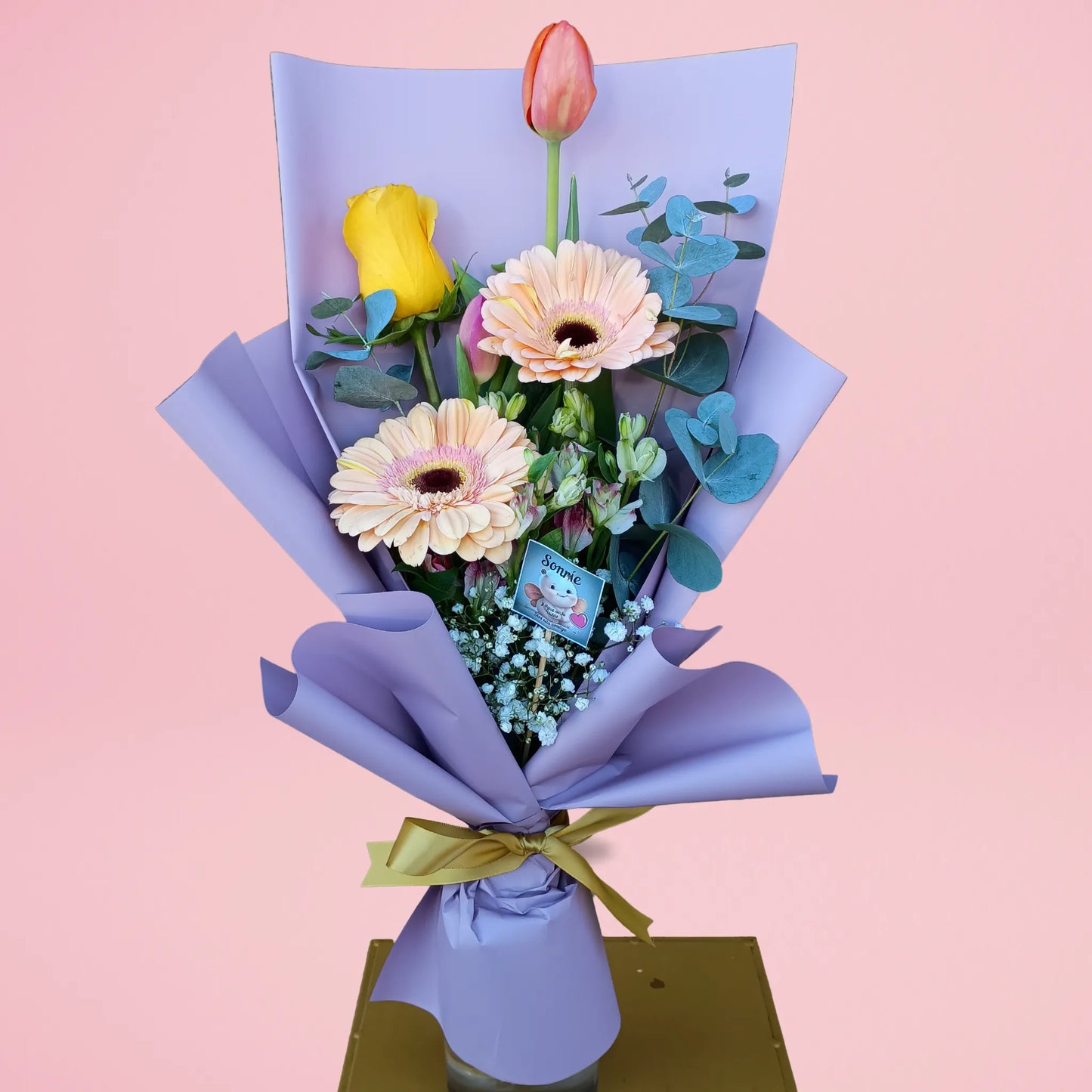 Ramo gerbera rosa y tulipanes