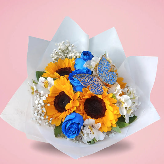 Ramo girasol y rosas azules