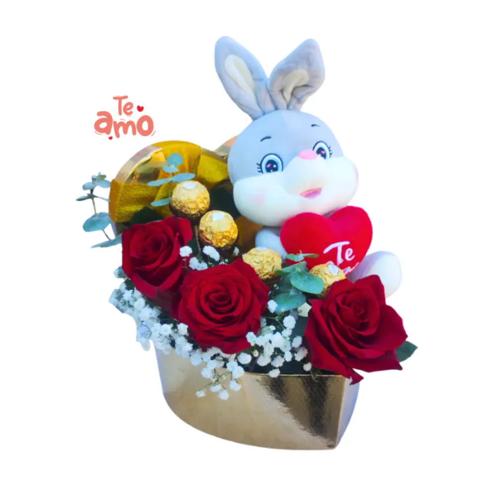 Caja de corazón con peluche, flores y chocolate, envío a domicilio en Buin- regalo de cumpleaños, Florería Buin