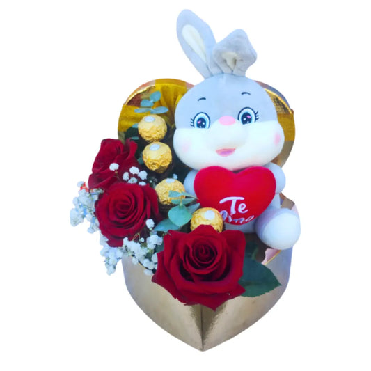 Caja de corazón con peluche, flores y chocolate, envío a domicilio en Buin- regalo de cumpleaños, Florería Buin