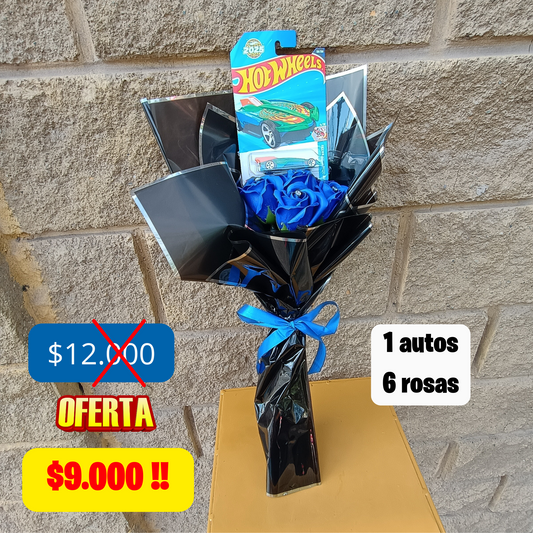 Ramo de 1 hotwheels y rosas eternas