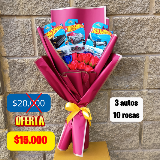 Ramo de 3 hotwheels y 10 rosas eternas