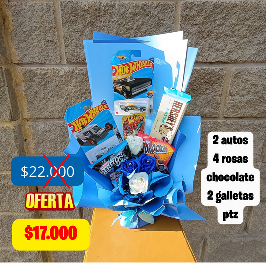 regalo de 2 autos hot wheels y  rosas eternas  y snacks
