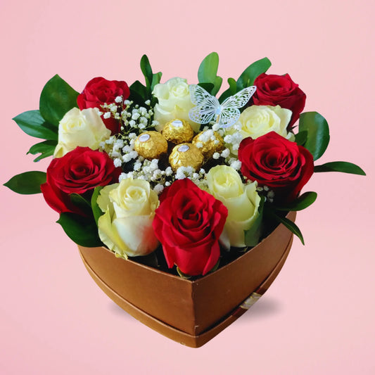 Caja de corazon rosas y bombones