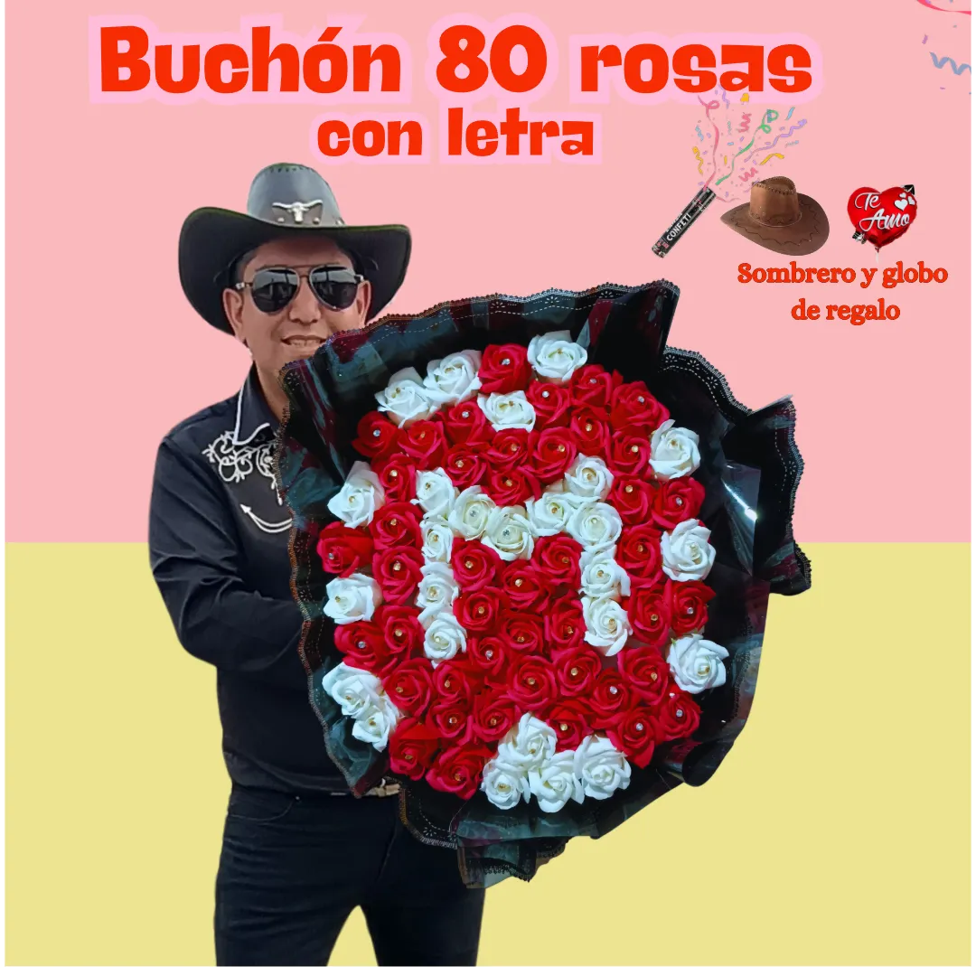 Ramo  80 Flores Eternas con letra  (rosas de jabón)