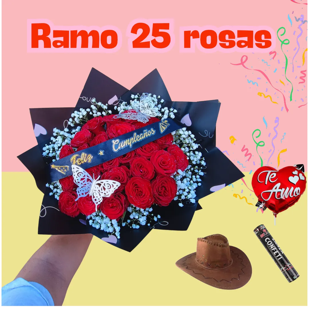 Flores el Patrón + ramo buchón 25 rosas