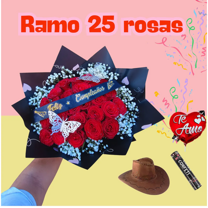 Flores el Patrón + ramo buchón 25 rosas
