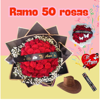 Flores el patrón + ramo buchón de 50 rosas!