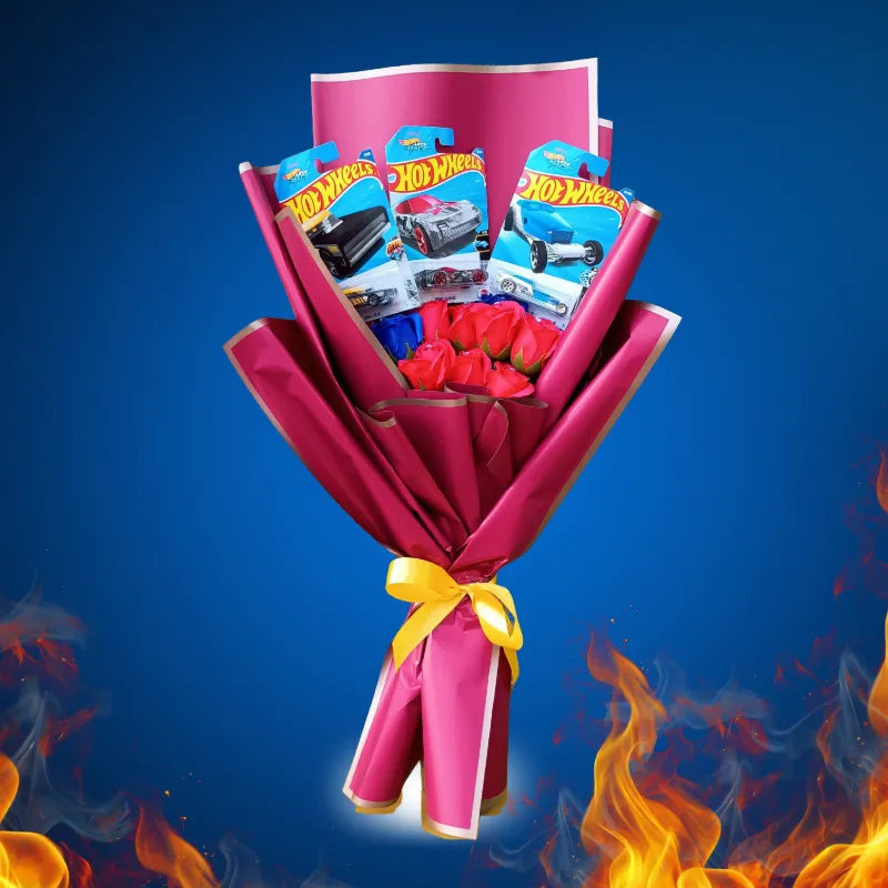 Ramo de 3 hotwheels y 10 rosas eternas