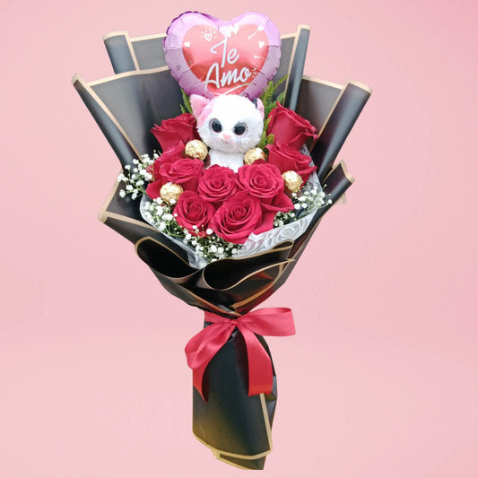 Ramo de rosas chocolates y Peluche