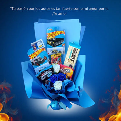 regalo de 2 autos hot wheels y  rosas eternas  y snacks