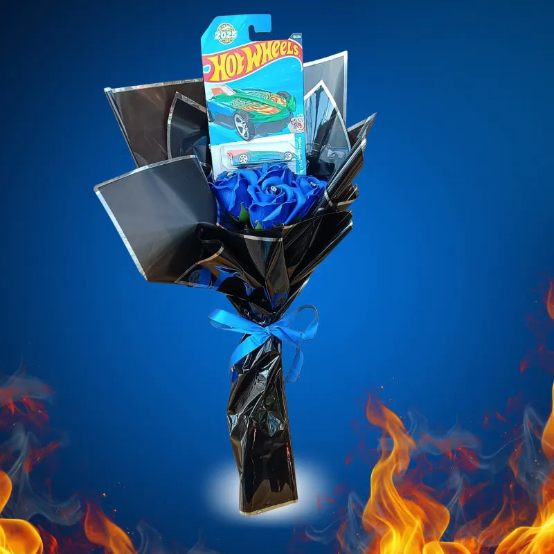 Ramo de 1 hotwheels y rosas eternas