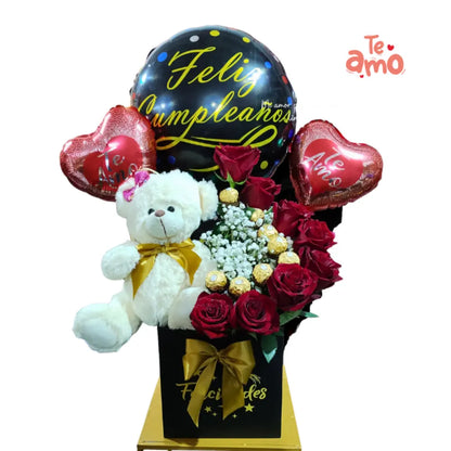 Caja  de rosas bombones y peluche 